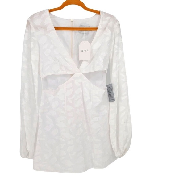 Rumer White Giselle Semi Sheer Cotton Jacquard Cut Out V-Neck Mini Dress NWT L - Picture 4 of 16